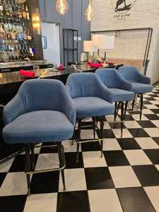 lot 102 image: Lot of 4 Blue Velvet Swivel Base Barstools