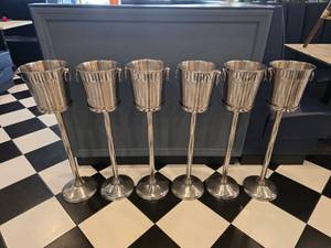 lot 103 image: Lot of 6 Stainless Wine Bottle Ice Bucket Stands w Buckets