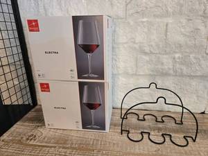 lot 105 image: 2 Boxes of Bormioli Rocco Electra Wine Glasses (6 Glasses Per Box) & 2 Wine Stem Caddies