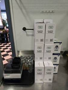 lot 54 image: Large Lot of SaltPepperSugar Trays, Shakers, Drinking Straws & Stir Straws