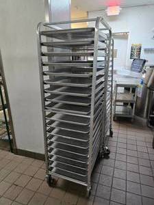 lot 154 image: Rolling Sheet Pan Rack w 18 Pans