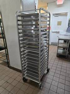 lot 155 image: Rolling Sheet Pan Rack w 18 Pans