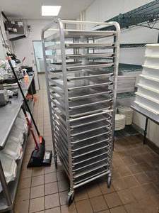 lot 156 image: Rolling Sheet Pan Rack w 18 Pans