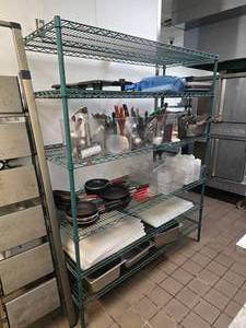 lot 170 image: Shelf w Contents.  MASSIVE Lot of Cookware, Pans, Cutting Boards, Utensils & MUCH MORE.  Metro Antimicrobial Shelf Included  Shelf measures 74 x 60 x 24