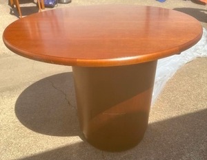 lot 186 image: brown wood oval table with matching stand