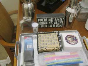 lot 140 image: bar lot- serving tray- drink mixer- stir sticks- napkins and more