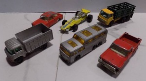 lot 196 image: VINTAGE MATCHBOX CARS  LESNEY - ENGLAND   #34 FORMULA 1,  #66 COACH,  #11 SCAFFLING TRUCK,  #67 VOLKSWAGEN 1600TL,  #6 FORD PICKUP, #4 STAKE PICKUP  QTY 6