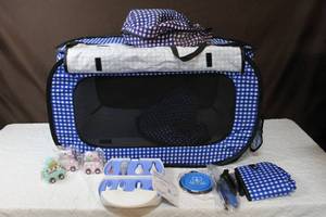 lot 24 image: Collapsible Pet carrier with extras and a safety kit for babys and 3 wood cars