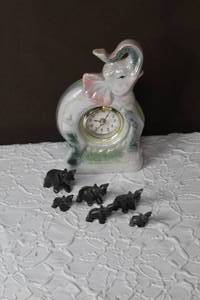 lot 102 image: Elephant clock and Graduated Granite Elephant Figurines Set of 6 Vintage Gray Small Set 1950s