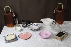 lot 105 image: handmade ceramic demitasse cup,  from Rhodes, Greece, and small glass candy dish2-lanterns and more see all pictures