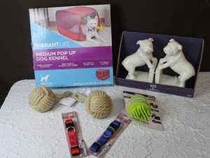 lot 156 image: One for the dogs here is a pop up dog kennel and 2- collars and toys and book ends