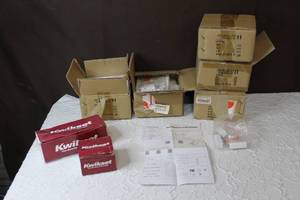 lot 183 image: Look to be light fixtures and door handle set with keys and dead bolt with keys