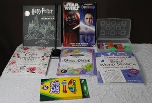 lot 196 image: Stress reliever coloring books and word search color pencils Harry Potter wand and more see pictures