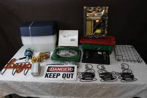 lot 218 image: Mixed lot shoe storage totes sink faucetdanger keep out key hanger  gate beltflask with shot glasses and much more see pictures