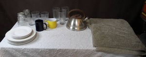 lot 224 image: stainless steel whistling tea kettle mixed lot of dishes and a rug