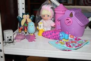 lot 243 image: vintage Precious Moments Hi Babies doll dressed in a pink bunny suit. Minecraft wolfSnorlax Pokmon figure and much more see pictures