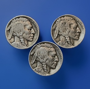 lot 12 image: Three (3) Buffalo Nickels -&nbsp 1923-S, 1936, &amp 1936-D