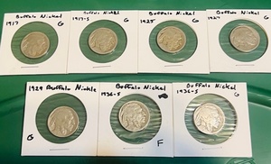 lot 14 image: Seven (7) Buffalo Nickels - 1917, 1917-S, 1925, 1927, 1929, &amp (2x) 1936-S