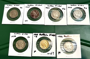 lot 15 image: Seven (7) Buffalo Nickels - 1918, 1920-S, (x2) 1925, 1927, &amp 1938 - One Nickel Looks Gold, but Untested