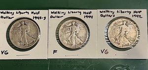 lot 9 image: Three (3) Walking Liberty Half-Dollars - 1942, 1943-D, &amp 1944 (Bid is times the quantity of 3)