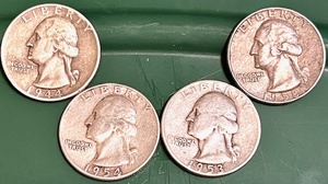 lot 20 image: Four (4) Silver Washington Quarters 1944-58 (Bid is times the quantity of 4)