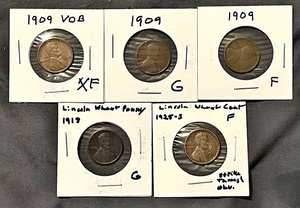 lot 26 image: Five (5) 100 Year Old Wheat Pennies - 1909 VDB, (x2) 1909, 1918, &amp 1925-S