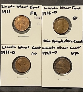 lot 28 image: Four (4) Lincoln Wheat Cents - 1911, 1916-D, 1927-D, &amp 1916-D WDie Break &amp Multiple Die Cracks