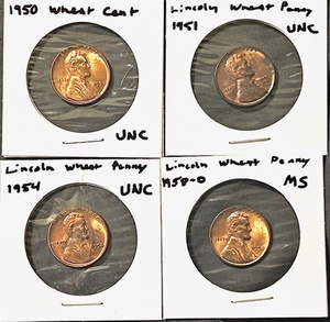 lot 31 image: Four (4) UncirculatedMint State (MS) Lincoln Wheat Pennies - 1950, 1951, 1954, &amp 1958-D
