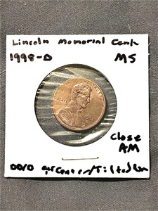 lot 33 image: UncirculatedMint State 1998-D Lincoln Memorial Cent W Close AM, Tilted Rim, &amp RPM