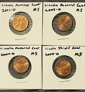 lot 34 image: Four (4) Uncirculated Mint State (MS) Lincoln Memorial Cents - 2001-D, 2003-D, 2004-D, &amp 2005-D