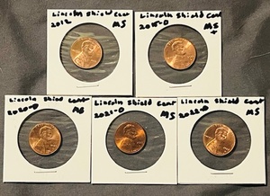 lot 36 image: Five (5) UncirculatedMint State (MS) Lincoln Shield Cents - 2012, 2015-D, 2020-D, 2021-D, &amp 2022-D