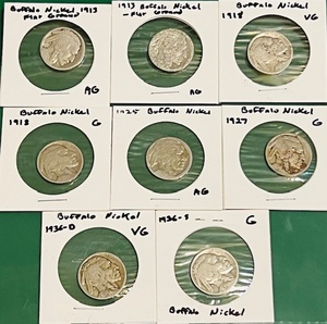 lot 66 image: Eight (8) Buffalo Nickels - (x2) 1913, (x2) 1918, 1925, 1927, 1936-D, 1936-S (Bid is times the quantity of 8)
