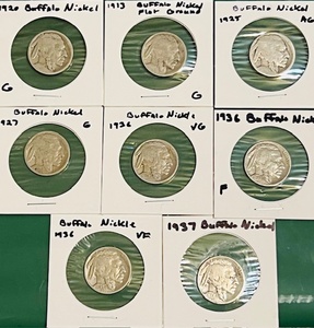 lot 67 image: Eight (8) Buffalo Nickels - 1913, 1920, 1925 , 1927, (x3) 1936, &amp 1937 (Bid is times the quantity of 8)