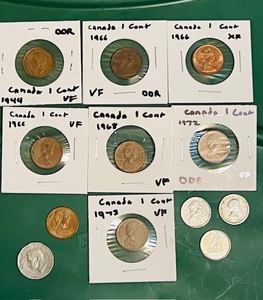lot 69 image: Twelve (12) Canadian Coins - Including 1944 &amp 1966 Double Die Reverse (DDR) Pennies, and 1957 Silver Dime