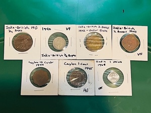 lot 70 image: Seven Commonwealth India &amp Ceylon Coins - Including 1913 India-British 14 Anas &amp Silver 1940 14 Rupee