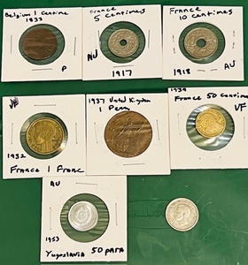 lot 72 image: Eight (8) European Coins from 1833-1953 - Including 1833 Belgium 1 Centime, 1917 France 5 Centimes, &amp 1918 France 10 Centimes