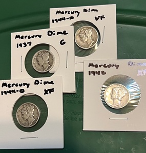 lot 22 image: Four (4) Silver Mercury Dimes 1937-44 (Bid is times the quantity of 4)