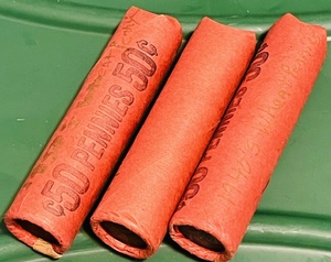 lot 79 image: One (1) Roll Of 1940s &amp Two (2) Rolls of 1950s Wheat Pennies - 1943 Wheat Penny Shows First on The 1940s Roll (Bid is time quantity x 3)