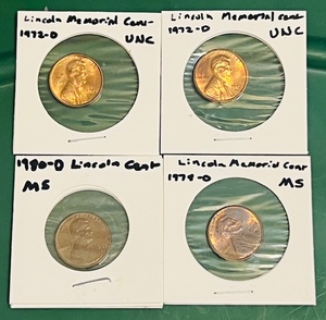 lot 83 image: Four (4) Mint State Lincoln Memorial Cents - (x2) 1972-D, 1978-D, &amp 1980-D