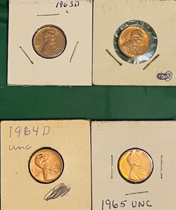 lot 89 image: Four (4) Uncirculated Lincoln Memorial Cents - 1963-D, 1964-P,1964-D, &amp 1965