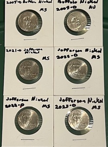 lot 100 image: Six (6) Jefferson Nickels WFive UncirculatedMint State and One (1) Almost Uncirculated - Including (x2) 2005 Buffalo Nickels, 2021-D, 2022-D, 2023-P, &amp 2023-D