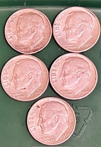 lot 106 image: Five (5) Silver 1964D Roosevelt Dimes (Bid is times the quantity of 5)