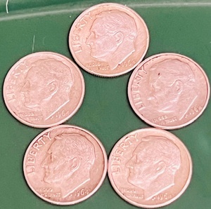 lot 108 image: Five (5) Silver 1964D Roosevelt Dimes (Bid is times the quantity of 5)