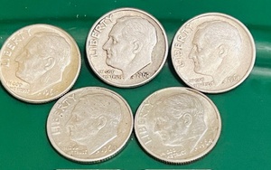 lot 145 image: Five (5) Silver 1960s Roosevelt Dimes (bid is times the&nbspquantity of 5)