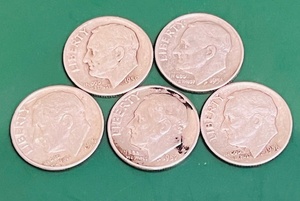 lot 151 image: Five (5) Silver 1950s&nbspRoosevelt Dimes (Bid is times the quantity of 5)&nbsp
