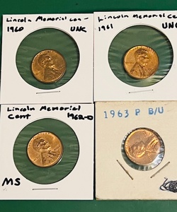 lot 125 image: Four (4) UncirculatedMint State Lincoln Memorial Cents - Including 1960, 1961, 1962-D, &amp 1963-P