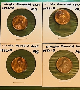 lot 129 image: Four (4) UncirculatedMint State Lincoln Memorial Cents - Including (x3) 1972-D &amp 1972-S
