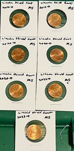 lot 132 image: Seven (7) UncirculatedMint State Lincoln Shield Cents - Including 2014-D, 2016-D, (x3) 2020-D, 2022-D, &amp 2023-D