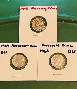 lot 152 image: One (1) 1941 Silver Mercury Dime &amp Two (2) Silver Roosevelt Dimes - 1961 &amp 1964