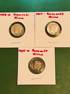 lot 155 image: Three (3) Silver Roosevelt Dimes - 1958-D, 1961, &amp 1964-D